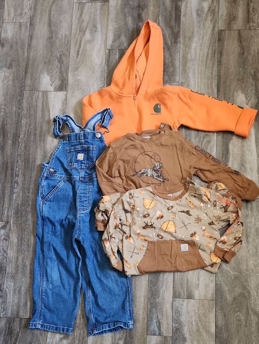 Carhartt Kids Orange Hooded Sweatshirt and Brown Overalls